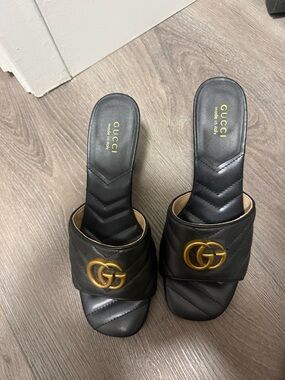 Black Quilted Leather Slide Mules with Gold GG